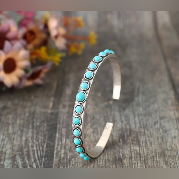 NEW faux turquoise stone silvery bracelet, adjustable, for men or women, bangle - Picture 3 of 5